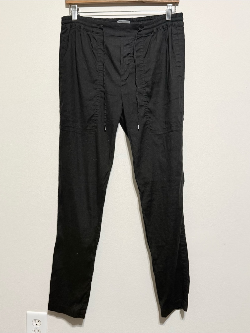 Vince Black Casual Tapered Womens Linen Cotton Blend Black Pull On Tie Pants L